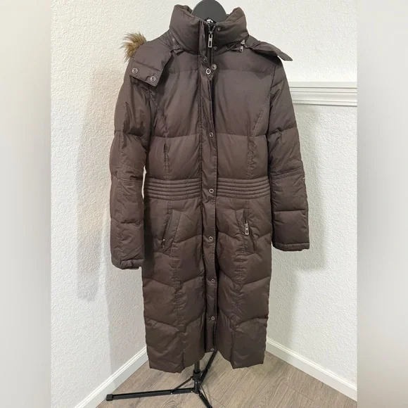 Espirit Brown Long Puffer Coat with Fur Trim - Picture 1 of 3